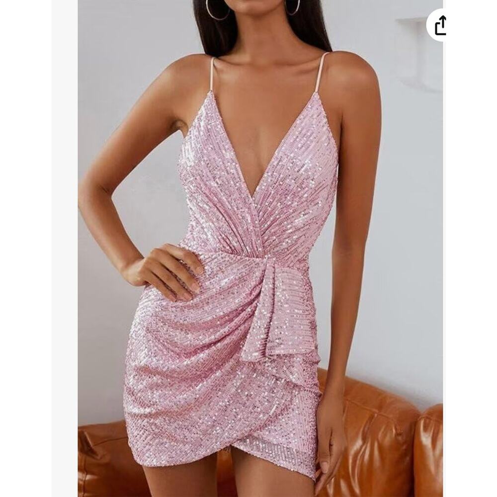 Double Crazy Pink Sequin Surplice V-Neck Mini Dress Size S